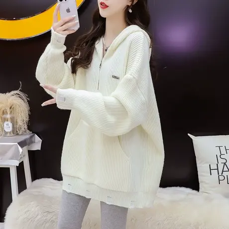 宽松慵懒风连帽毛衣女2024新款春季洋气减龄网红复古港味针织外套图片