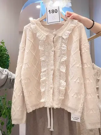 今年流行爆款上衣春装新款甜美百搭仙女蕾丝拼接针织开衫纯色毛衣图片