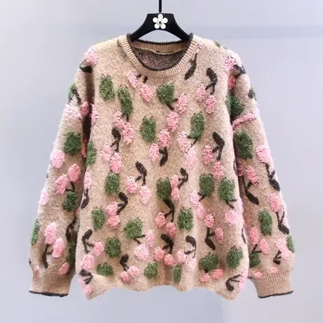 复古慵懒风撞色套头毛衣女冬季2023新款高级感宽松加厚套头针织衫商品大图