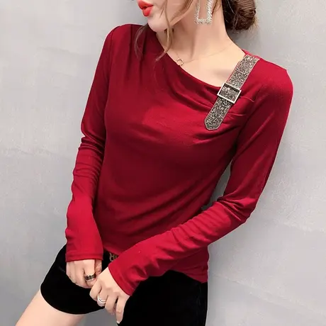 2024春秋新款个性斜领T恤女长袖小众设计感褶皱上衣洋气打底衫潮商品大图