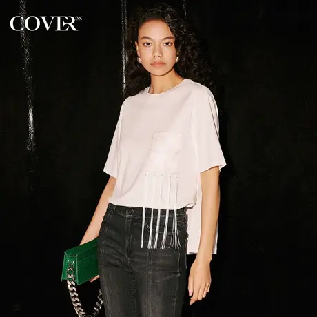 COVER秋季醋酸提花流苏拼接精梳棉T恤图片