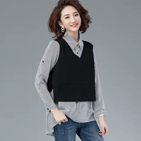 打底衫女春秋长袖t恤宽松2023新款潮早秋上衣假两件大码女装胖mm商品大图