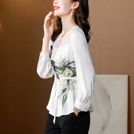 印花雪纺衫女秋季2023年新款漂亮洋气高端别致小衫桑蚕丝上衣收腰商品大图