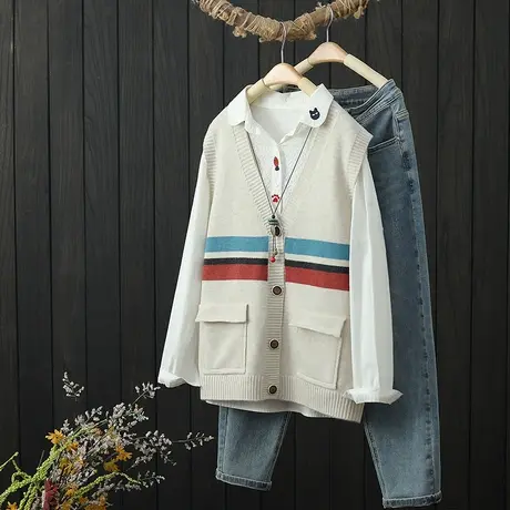 2022年秋季新款拼色提花复古针织开衫马夹背心女宽松无袖毛衣坎肩商品大图