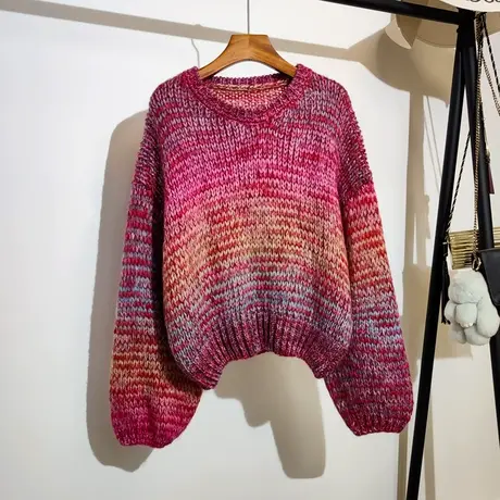 渐变色毛衣女宽松套头秋冬2023新款慵懒风宽松遮肉显瘦针织衫上衣图片