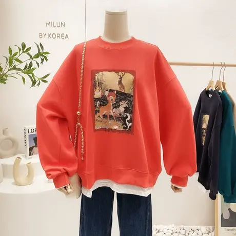 2022早春新款韩国东大门ins油画风小鹿假两件荷叶边卫衣宽松套头商品大图