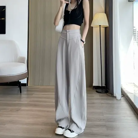 浅灰色欧美香蕉休闲裤女春秋长裤垂感西装裤显瘦阔腿裤直筒弯刀裤商品大图