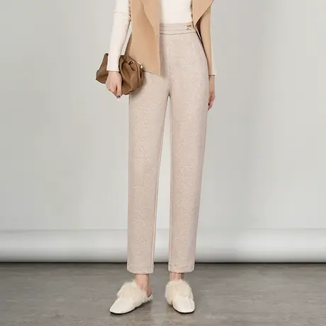 2023新款秋冬羊毛呢小直筒裤女显瘦松紧高腰通勤中年妈妈休闲长裤商品大图