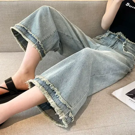 九分拼接牛仔裤女夏季薄款直筒高腰毛边八分小个子宽松复古阔腿裤商品大图