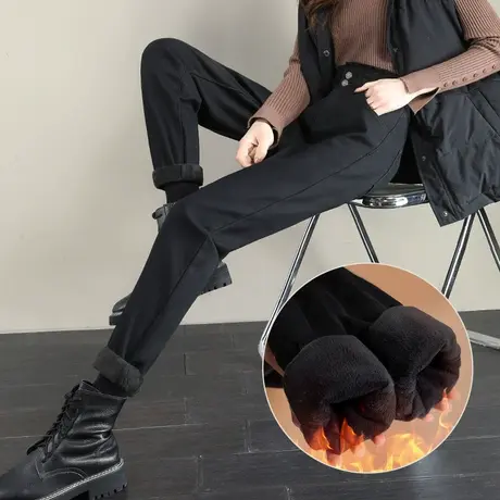 黑色牛仔裤女秋冬季高腰2023年新款松紧腰哈伦萝卜老爹加绒裤子女商品大图