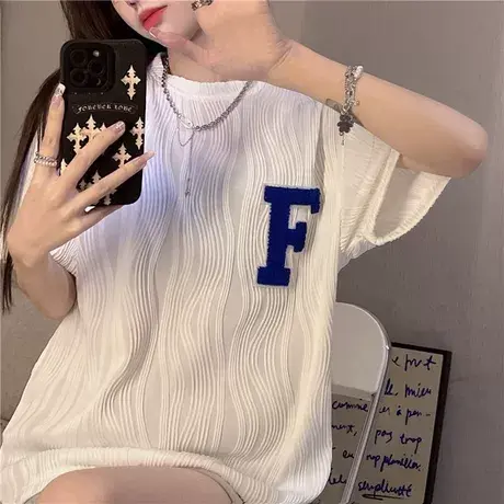 美式潮牌简约字母毛巾绣短袖T恤男女夏季甜酷风宽松情侣半袖上衣商品大图