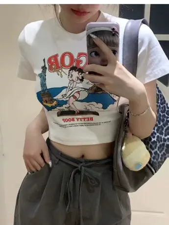 美式辣妹白色纯棉正肩短袖t恤女夏季小众设计感修身别致短款上衣商品大图