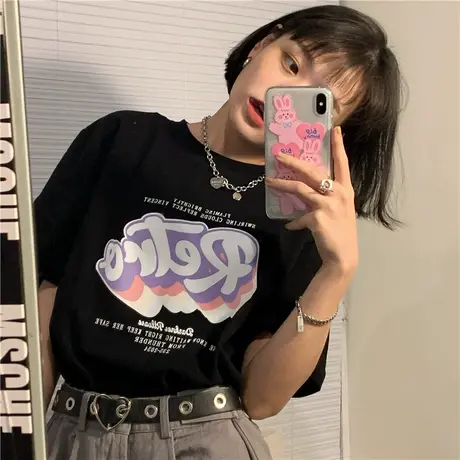 原创~2023夏装新款韩版字母百搭宽松ulzzang纯棉短袖T恤盐系少女商品大图