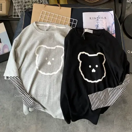 长袖t恤女秋冬韩版ins潮小熊条纹假两件港风宽松减龄打底衫上衣服商品大图