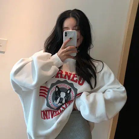 纯棉2021卫衣女宽松韩版韩版气质新款白色春秋季薄款大码胖mm上衣商品大图