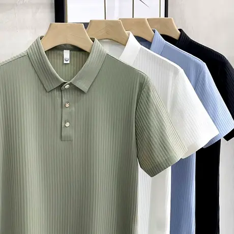 肌理冰丝无痕条纹polo衫男短袖夏季修身商务休闲翻领t恤保罗衫薄图片