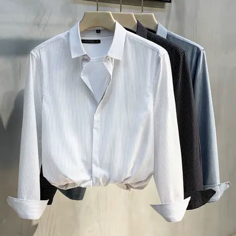 2023春秋新款男士修身长袖衬衫抗皱免烫商务休闲韩版刺绣条纹衬衣商品大图