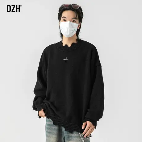男生黑色圆领毛衣男冬季加厚潮牌套头针织衫上衣百搭男装2023新款商品大图