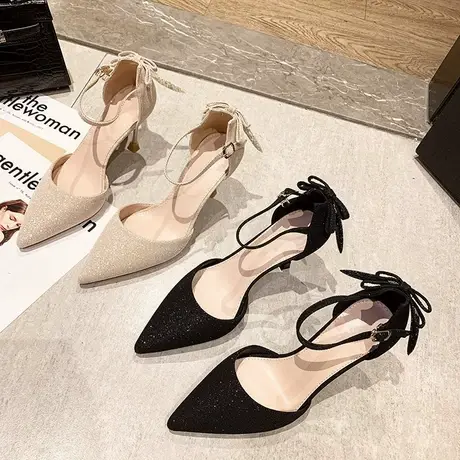 性感黑色高跟鞋女2024年新款春季百搭仙女风亮片布尖头细跟单鞋女商品大图