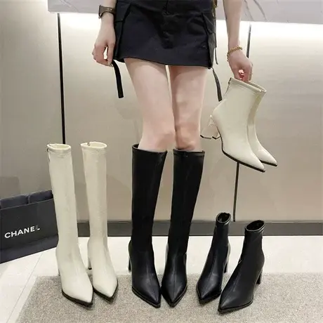 靴子女2023新款尖头瘦瘦靴秋冬女士高跟小个子法式韩系马丁长筒靴图片