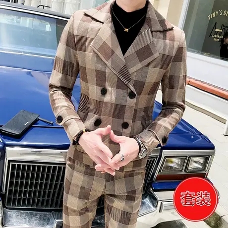 男士港风英伦翻领夹克套装夜场潮牌双排扣格子西装外套秋冬小西服图片