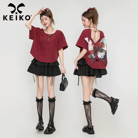 酷girl艺术感蝴蝶花短袖t恤女夏季设计感露背酒红色大领上衣绯色图片