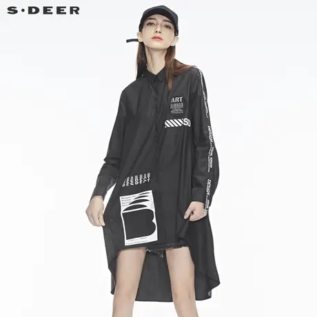 sdeer圣迪奥衬衣女2019新款时尚撞色前短后长翻领上衣春S18480577图片