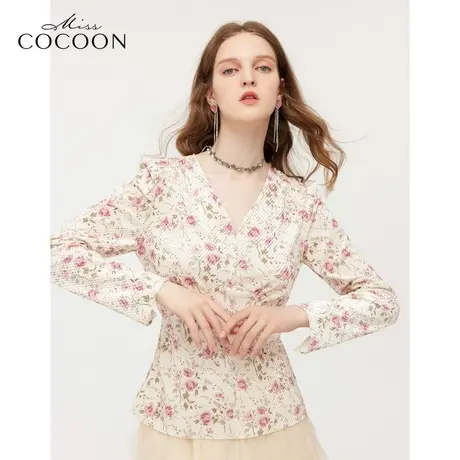 【秋上新】missCOCOON复古感印花丝绒衫2023秋新款女别致设计上衣商品大图