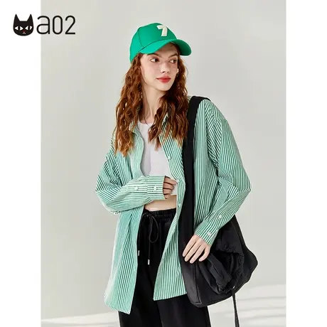 【呼呼严选专享】a02绿色条纹衬衫女2023新款春秋季宽松百搭外套商品大图