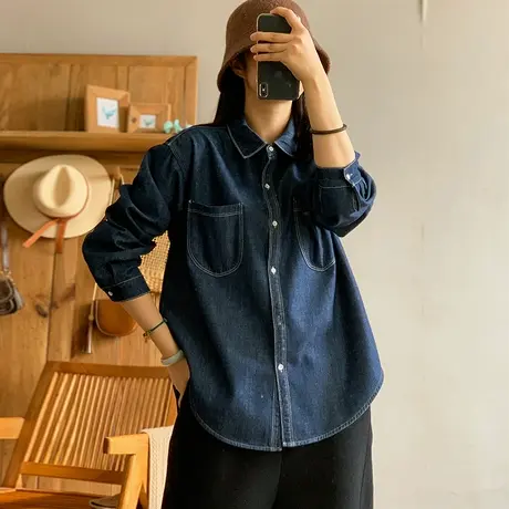 dza 复古冬季大翻领口袋加绒牛仔衬衫外套女冬季宽松上衣休闲衬衣图片