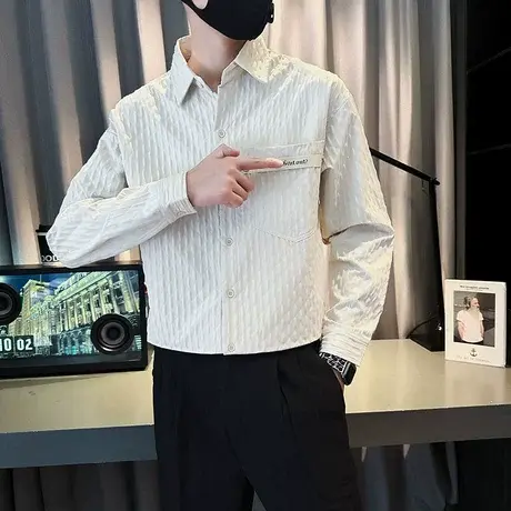 长袖休闲衬衫秋季潮牌高级感发型师韩版修身痞帅男肌理感个性衬衣商品大图