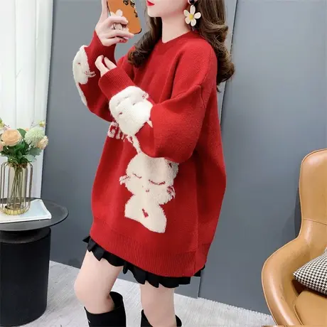 本命年红色圆领软糯毛衣女秋冬2023年新款宽松加厚爆款打底针织衫商品大图