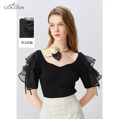 MISSCOCOON黑色荷叶袖短款针织衫女2023夏装新款宽松百搭短袖上衣图片
