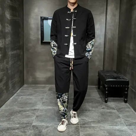 唐装男套装复古盘扣潮流宽松大码国潮男装中国风中山装棉麻两件套商品大图