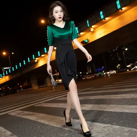 晚礼服女2024新款夏短款平时可穿气质主持简约大气宴会晚宴连衣裙图片