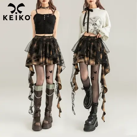 KEIKO [重工蝴蝶绣]飘带饰格纹半身裙春夏甜辣不规则显瘦百褶短裙图片