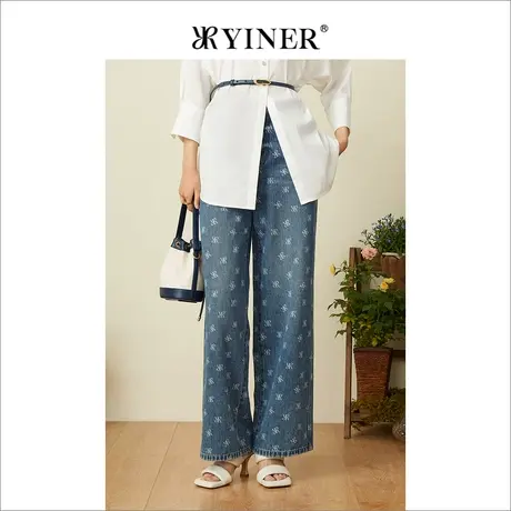 YINER音儿女装2022夏季薄款设计感印花高腰阔腿牛仔裤商品大图