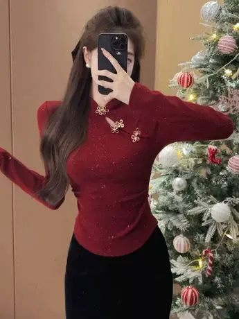 新中式立领盘扣亮丝长袖T恤女2024春季新款修身显瘦百搭打底上衣商品大图