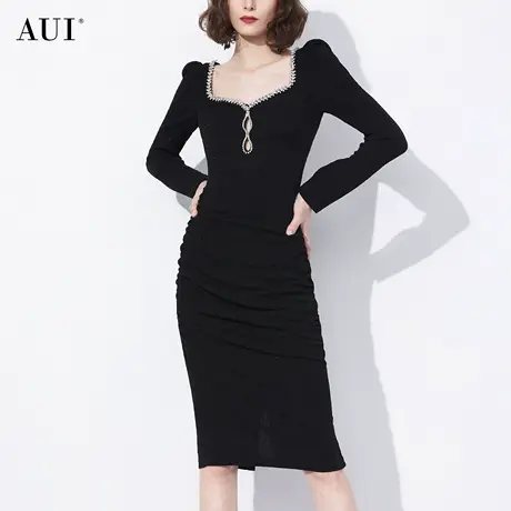 AUI黑色醋酸针织连衣裙女2024秋冬新款高级感方领修身包臀中长裙图片