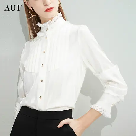 AUI复古港风米白色条纹衬衫女2023早秋新款别致立领薄款小众上衣商品大图