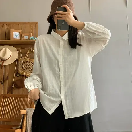 dza 复古白色空间格衬衫女2024春新款宽松休闲气质衬衣休闲短上衣图片
