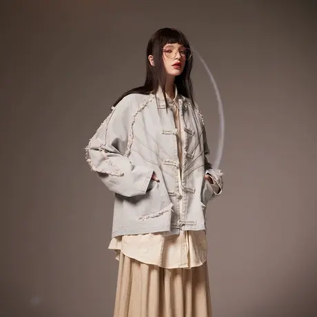 复古国潮做旧牛仔外套女春秋2024年新款毛边情侣装夹克新中式上衣图片