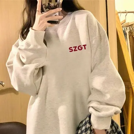 春秋薄款圆领字母卫衣女小个子韩版宽松oversize美式复古长袖上衣图片