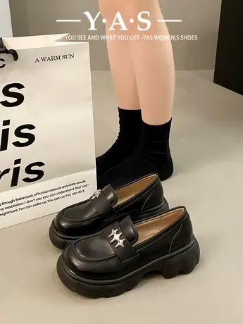 2024春季新款英伦风厚底增高小皮鞋高级松糕单鞋百搭黑色乐福鞋女图片