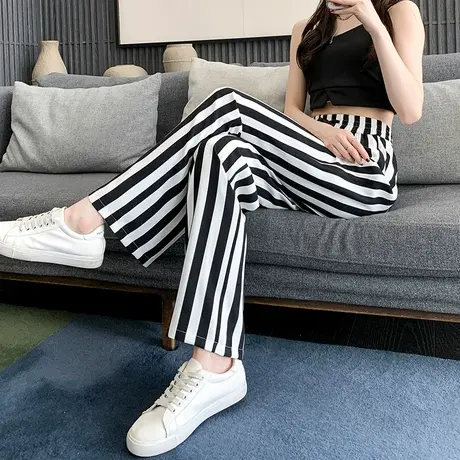 冰丝窄版阔腿裤女春夏新款高腰垂感黑白竖条纹修身显瘦直筒拖地裤商品大图