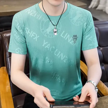 烫钻提花冰丝短袖T恤男士薄款夏季宽松休闲速干上衣男装运动体恤商品大图