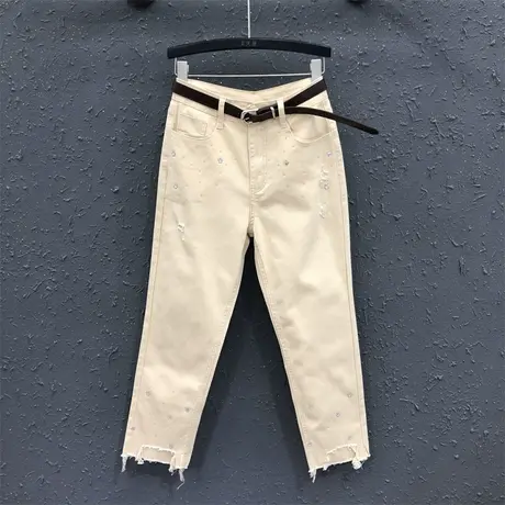 欧货直筒裤女24春夏新款卡其色个性烫钻烟管裤高腰毛边牛仔九分裤图片