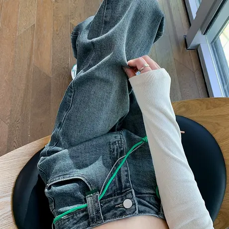 撞色老爹牛仔裤女春秋新款高腰宽松显瘦窄版直筒小个子哈伦萝卜裤图片