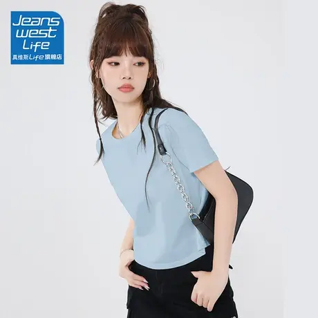 真维斯life韩系chic别致短款上衣时尚简约纯棉圆领正肩短袖t恤女商品大图