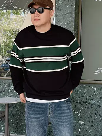 大依无忧秋新款廓版撞色条纹潮胖子加肥加大码男款圆领长袖卫衣商品大图